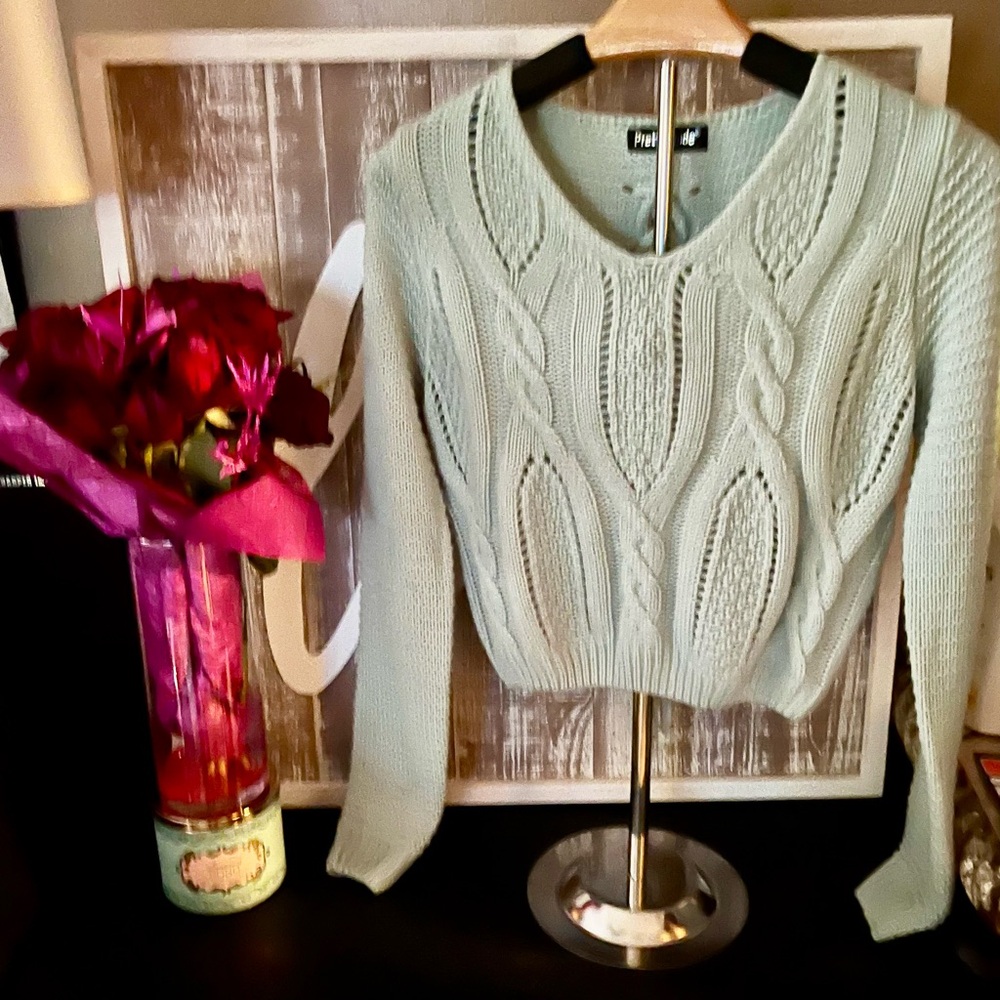 Mint Green V-Neck Cable Knit Sweater